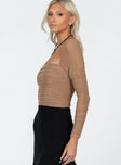 side view of model wearing Princess Polly Delany Bodysuit Beige Tall Full Sleeves Square Neck 