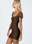 side view of model wearing Princess Polly Charvi Mini Dress Brown 