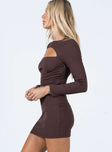 side view of model wearing Princess Polly Alexander Mini Dress Brown 