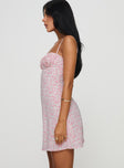 side view of model wearing Princess Polly Draven Mini Dress Pink Sweetheart Neckline 