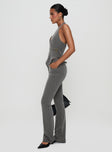 side view of model wearing Princess Polly Calexico Buckle Pant Grey Pinstripe High Waisted Pants 