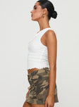 side view of model wearing Princess Polly Ryatt One Shoulder Ruffle Top White Sleeveless Asymmetric Neckline 