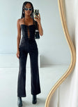 Front view of model wearing  front Princess Polly Low Rise Pants High Waisted Pants  Lulu Pants Black