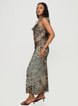 side view of model wearing Princess Polly Ismeralda Maxi Dress Leopard Square Neck 