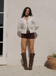 back view of model wearing Princess Polly Angelis Lace Shorts Chocolate High Waisted Shorts 