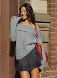 front view of model wearing Princess Polly Snowie Off Shoulder Knit Sweater Grey Long 