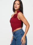 side view of model wearing Princess Polly Pillai One Shoulder Top Red Sleeveless Asymmetric Neckline 