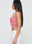 side view of model wearing Princess Polly Kovac Reversible Fringe Tube Top Pink Sleeveless Sweetheart 