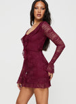 Front view of model wearing  front Princess Polly V-Neck  Sidonie Long Sleeve Mini Dress Red