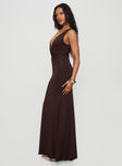 side view of model wearing Princess Polly Frederica Plunge Maxi Dress Chocolate Plunger 