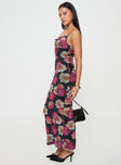 side view of model wearing Princess Polly Auley Maxi Dress Multi / Red Floral Cowl Neck 