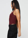 side view of model wearing Princess Polly Je Taime Bodysuit Burgundy Sleeveless Square Neck 