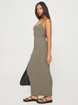 side view of model wearing Princess Polly Montwood Maxi Dress Beige Scoop Neck 