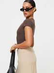 side view of model wearing Princess Polly Harlea Bodysuit Brown Short Sleeves Crew Neck 