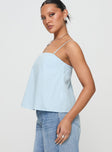 side view of model wearing Princess Polly Trapeze Strapless Top Blue Sleeveless Square Neck 