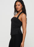 side view of model wearing Princess Polly Azurah Top Black Sleeveless Square Neck 