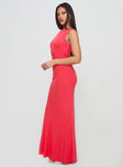 side view of model wearing Princess Polly Bourne Maxi Dress Red Crew Neck 