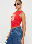 side view of model wearing Princess Polly Pacific Royal Tank Top Red Sleeveless Crew Neck 