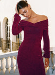 front view of model wearing Princess Polly Cecilia Off The Shoulder Maxi Dress Wine V-Neck 