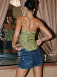 back view of model wearing Princess Polly Faya Low Rise Mini Denim Skirt Vintage Dark Wash Tall Mini Skirts 