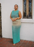 back view of model wearing Princess Polly Auralia Knit Maxi Skirt Blue / Cream Curve Maxi 