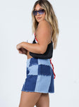   side view of model wearing Princess Polly Sirena Patchwork Denim Mini Skirt 