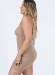 side view of model wearing Princess Polly Charm Strapless Mini Dress Brown 