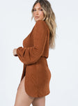 side view of model wearing Princess Polly Karley Wrap Mini Dress Brown 