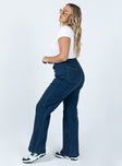 side view of model wearing Princess Polly Odette Flare Denim Jeans Blue High Waisted 