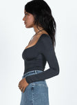 side view of model wearing Princess Polly Calissa Long Sleeve Bodysuit Black Full Sleeves V-Neck 