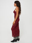 Front view of model wearing  front Princess Polly Asymmetric Neckline  Cotter Maxi Dress Burgundy Floral