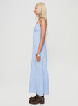 side view of model wearing Princess Polly Chelsea Maxi Dress Blue Plunger 