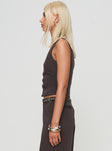 side view of model wearing Princess Polly Airi Top Brown Petite Sleeveless Scoop Neck 