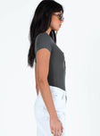 side view of model wearing Princess Polly Kandis Bodysuit Grey Short Sleeves High Neck 