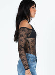 side view of model wearing Princess Polly Mademoiselle Bodysuit Black Full Sleeves straight 