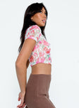 side view of model wearing Princess Polly Aziel Top Floral Multi Short Sleeves V-Neck 