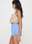 side view of model wearing Princess Polly Beach House Shorts Blue / White Gingham High Waisted Shorts 