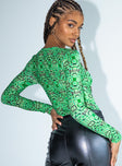 back view of model wearing Princess Polly Hypnotize Bodysuit Green Full Sleeves Crew Neck 