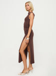 side view of model wearing Princess Polly Original Sin Dress Midi Dress Chocolate Asymmetric Neckline 