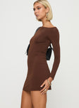 side view of model wearing Princess Polly Kataline Long Sleeve Mini Dress Chocolate Asymmetric Neckline 