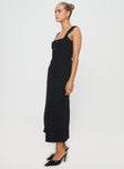 side view of model wearing Princess Polly Chosen Girl Linen Blend Midi Dress Black Square Neck 