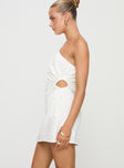 side view of model wearing Princess Polly Mayzie One Shoulder Mini Dress White Asymmetric Neckline 