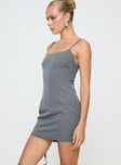 side view of model wearing Princess Polly Bakers Mini Dress Grey Square Neck 