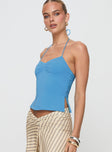 side view of model wearing Princess Polly Rehna Halter Top Blue Sleeveless Sweetheart 