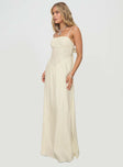 side view of model wearing Princess Polly Slow Dance Linen Blend Maxi Dress Cream / Blue Square Neck 