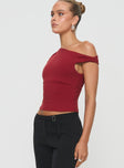 side view of model wearing Princess Polly Danza Top Red Sleeveless Asymmetric Neckline 