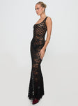 side view of model wearing Princess Polly Zhara Lace Dress Black Scoop Neck 