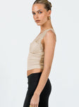 Front view of model wearing  front Princess Polly Sleeveless Asymmetric Neckline  Typha Top Beige