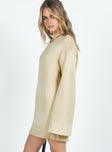 side view of model wearing Princess Polly Cheyenne Knit Sweater Dress Beige High Neck 