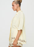 side view of model wearing Princess Polly Jamari Linen Blend Shirt Cream / Brown Half Sleeves V-Neck 